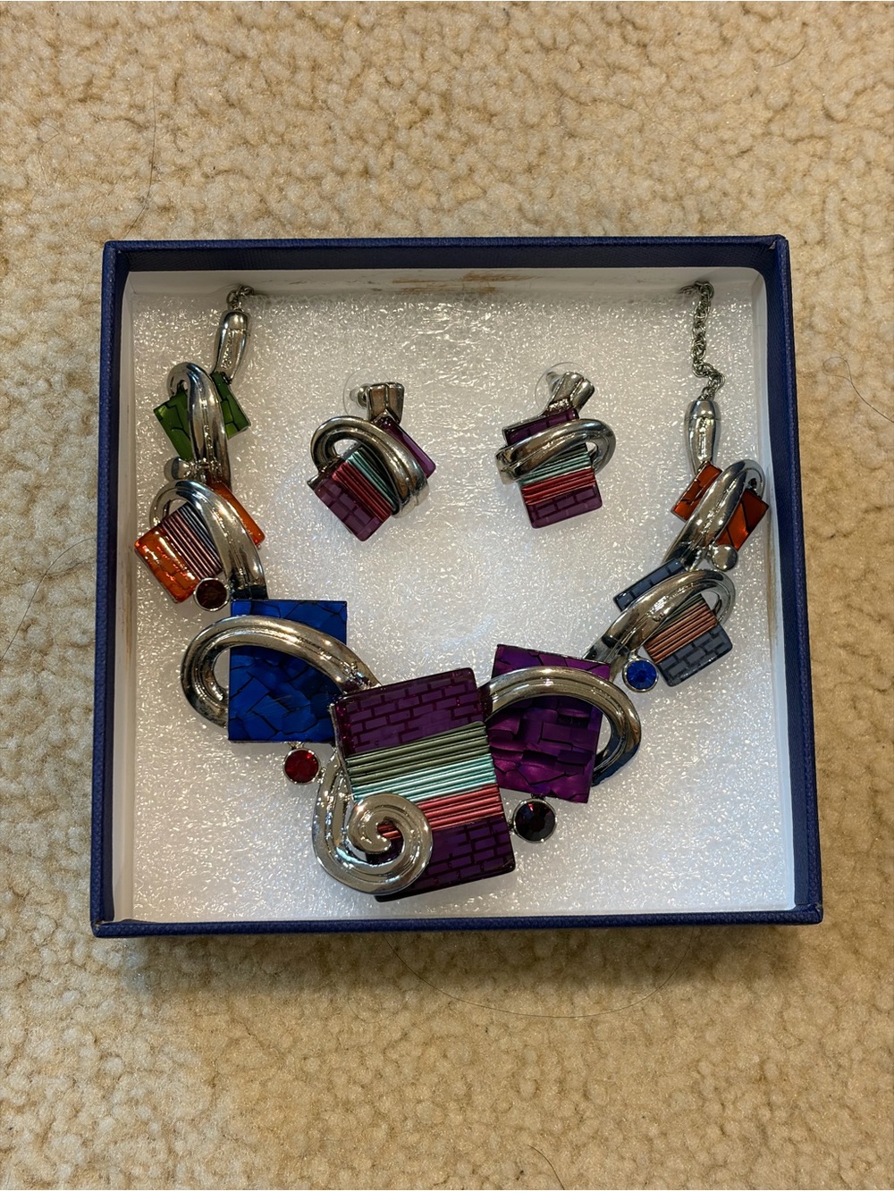Color-Block Multicolor Necklace & Earring Set - Purple, Blue, Orange, Green